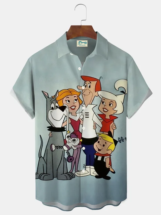 Royaura® Retro Cartoon Print Men's Button-Down Short-Sleeved Hawaiian Shirt Big & Tall