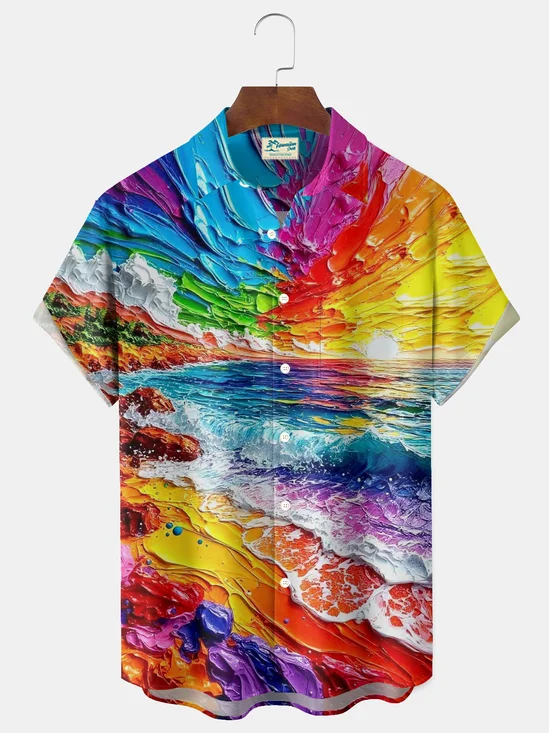 Royaura® Retro Gradient Print Men's Button-Down Short-Sleeved Hawaiian Shirt Big & Tall