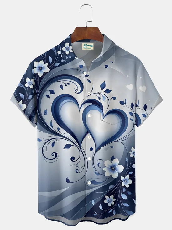 Royaura® Valentine's Day Heart-Patterned Floral Print Men's Button-Down Holiday Short-Sleeve Shirt Big & Tall