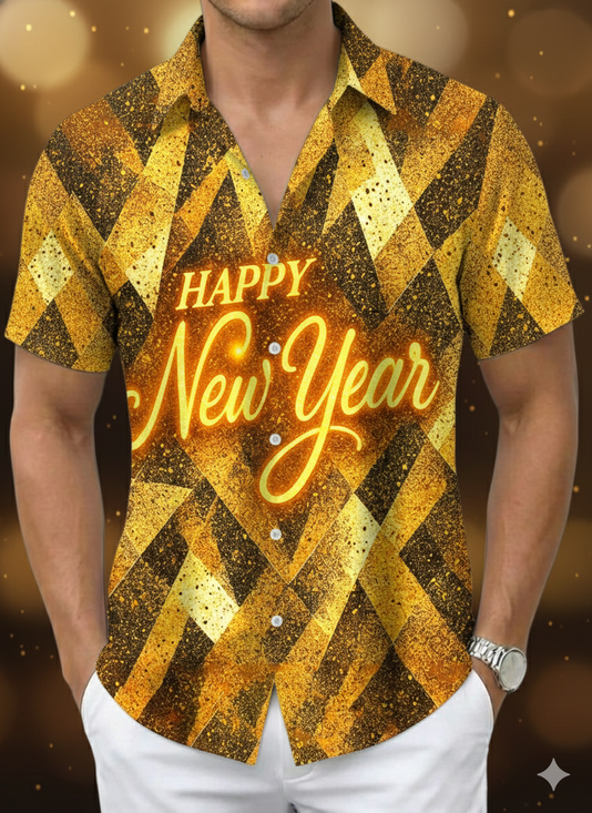 Royaura® Men's Happy New Year Shining Glittering Grid Print Retro Short Sleeve Button Down Big & Tall