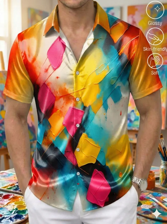 Royaura® Men's Basic Texture Oil Painting Satin Print Retro Short Sleeve Shirt Big & Tall