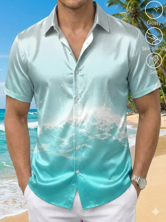 Royaura® Men's Basic Satin Shine Scenery Print Retro Short Sleeve Shirt Big & Tall
