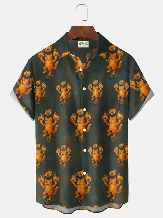 Royaura® Retro Fun Cartoon Cat Print Men's Button-Down Short-Sleeve Hawaiian Shirt Big & Tall