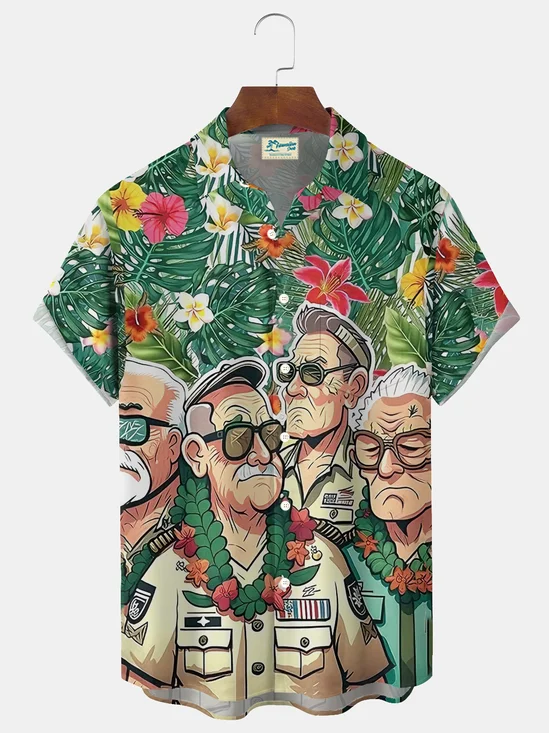 Royaura® Hawaiian Floral Cartoon Print Men's Button-Down Short-Sleeved Resort Shirt Big & Tall