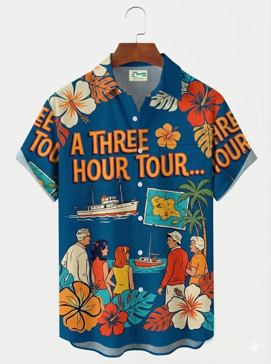 Royaura® Retro Film-Inspired Floral Print Men's Short-Sleeved Button-Up Resort Shirt Three Hour Tour Classic Aloha Button-Up Shirt Big & Tall