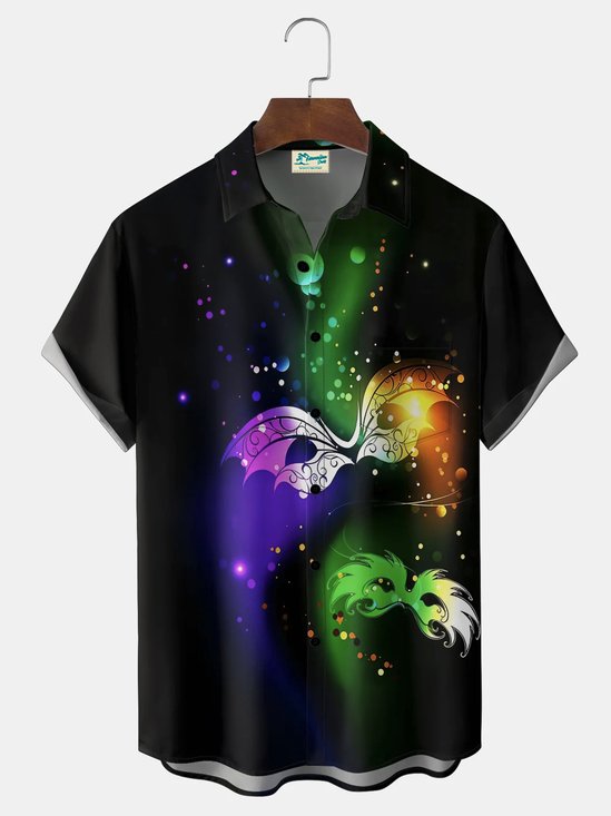 Royaura® Men's Holiday Mardi Gras Mask Print Button Pocket Short Sleeve Shirt Big & Tall