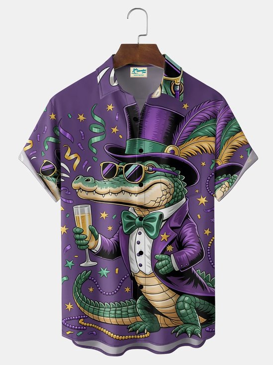 Royaura® Men's Holiday Mardi Gras Crocodile Drink Print Button Pocket Short Sleeve Shirt Big & Tall