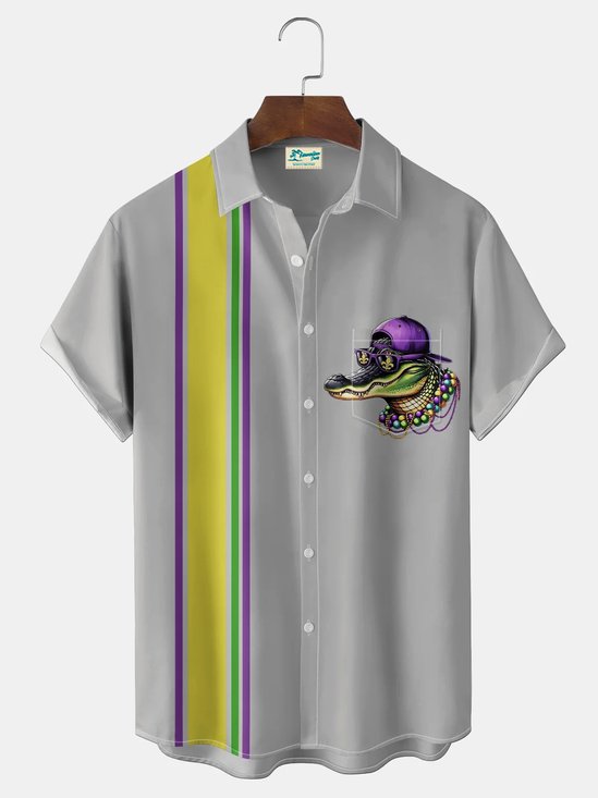 Royaura® Men's Holiday Mardi Gras Crocodile Bowling Print Button Pocket Short Sleeve Shirt Big & Tall