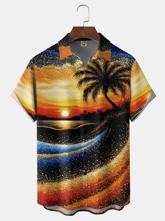 Royaura® Men's Vintage Gradient Palm Tree Print Button Pocket Short Sleeve Shirt Big & Tall