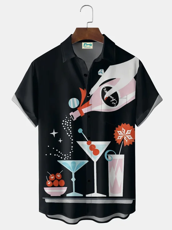 Royaura® Men's Vintage Mid-century Geometric Cocktail Print Button Pocket Short Sleeve Shirt Big & Tall