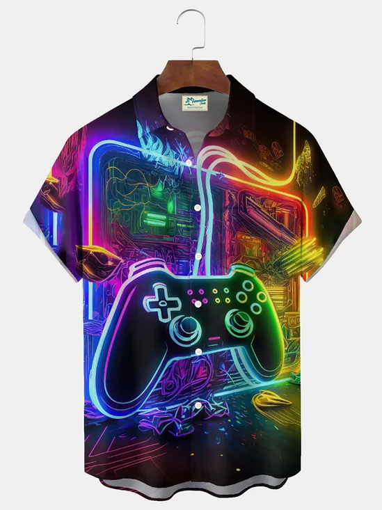 Royaura® Men's Retro Gaming Print Button-Down Short-Sleeved Hawaiian Shirt Big & Tall