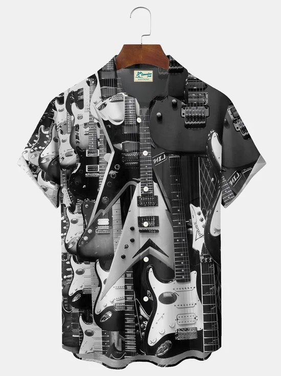 Royaura® Retro Musical Instrument Print Men's Button-Down Short-Sleeved Hawaiian Shirt Big & Tall