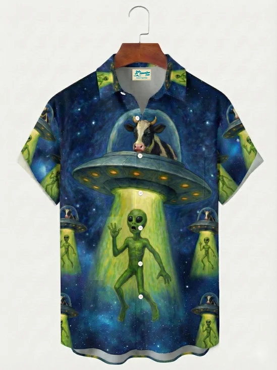 Royaura® Retro Alien Stealing Cows Print Men's Button-Down Short-Sleeve Hawaiian Shirt Big & Tall