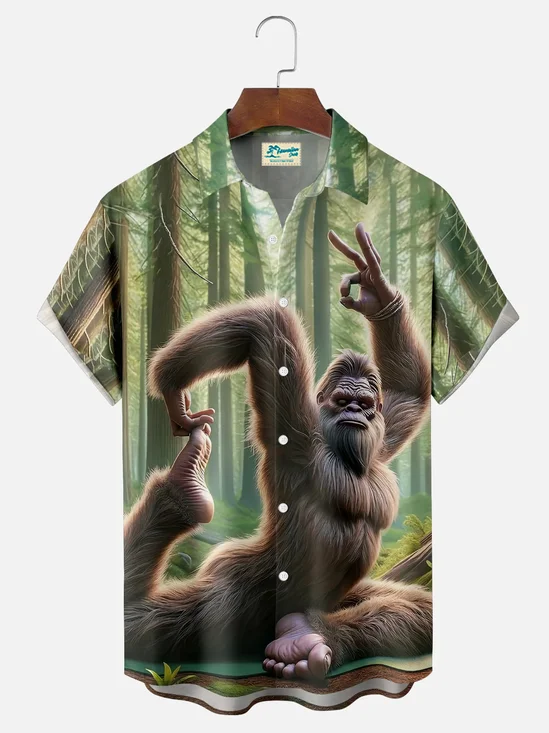 Royaura® Retro Funky Bigfoot Yoga Print Men's Button-Down Pocket Short-Sleeve Hawaiian Shirt Big & Tall