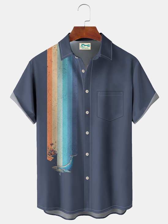 Royaura® Men's Vintage Lines Rainbow Whale Print Retro Short Sleeve Shirt Big & Tall