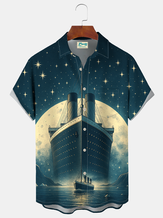 Royaura® Men's Valentine's Day Moon Love Nautical Print Retro Short Sleeve Shirt Big & Tall