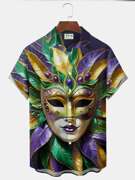 Royaura® Mardi Gras Carnival Holiday Themed Men's Button-Down Short-Sleeved Faux Hawaiian Shirt With Mask Print Big & Tall