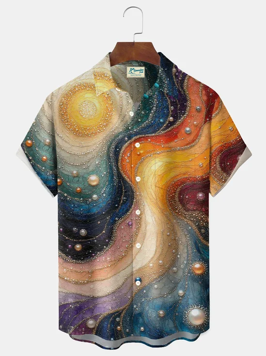 Royaura® Retro Gradient Abstract Art Print Men's Button-Down Short-Sleeved Hawaiian Shirt Big & Tall