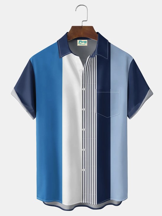 Royaura® Men's Vintage Bowling Stripes Print Button Pocket Short Sleeve Shirt Big & Tall