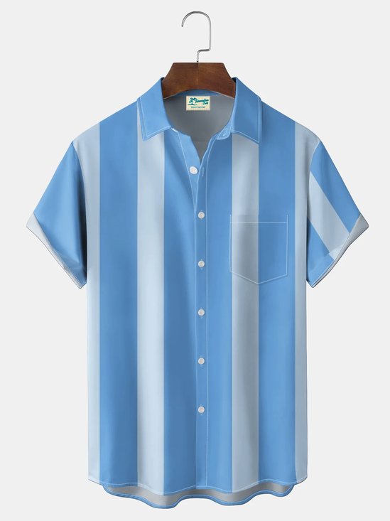 Royaura® Men's Vintage Bowling Stripes Print Button Pocket Short Sleeve Shirt Big & Tall