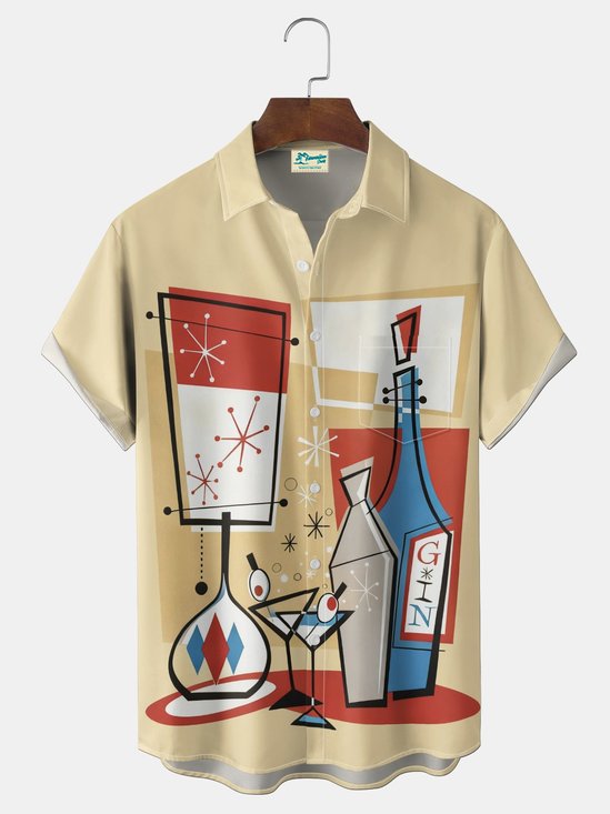 Royaura® Men's Vintage Geometry Cocktail Print Button Pocket Short Sleeve Shirt Big & Tall