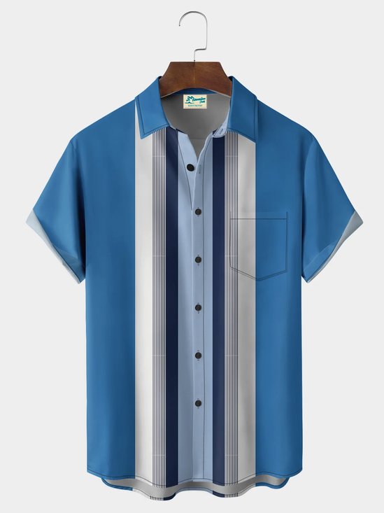 Royaura® Men's Vintage Bowling Stripes Print Button Pocket Short Sleeve Shirt Big & Tall
