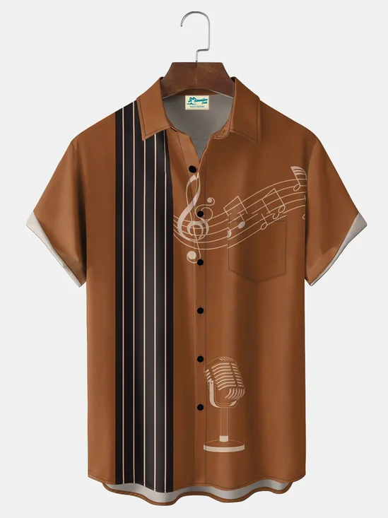 Royaura® Vintage Bowling Music Print Men's Casual Stylish Button Pocket Hawaiian Summer Shirts Short Sleeve Shirt Big Tall