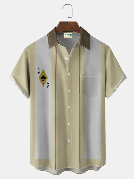 Royaura® Men's Vintage Bowling Poker Print Button Pocket Short Sleeve Shirt Big & Tall