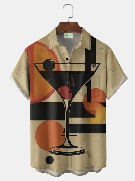 Royaura® Men's Vintage Mid-century Geometry Cocktail Print Button Pocket Short Sleeve Shirt Big & Tall