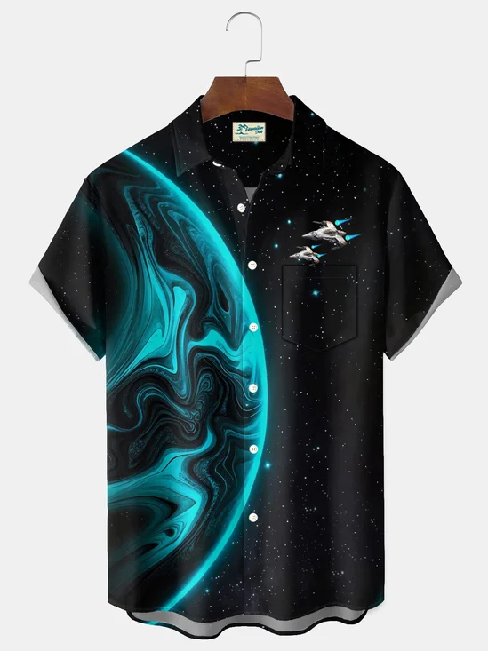 Royaura® Retro Gradient Space War Print Men's Button-Down Short-Sleeved Shirt Big & Tall