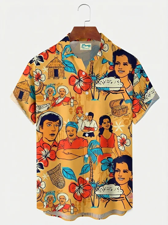 Royaura® Retro Movie Cartoon Print Men's Button Hawaiian Shirt