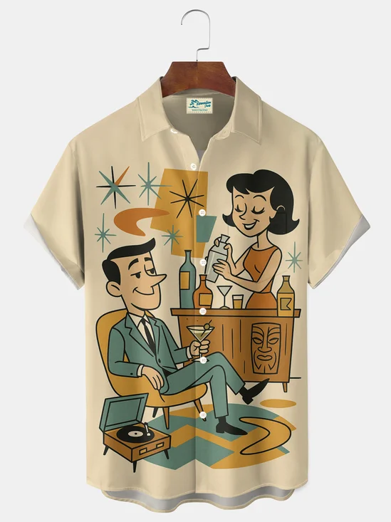 Royaura® Retro Medieval Geometric Cartoon Print Men's Button-Down Short-Sleeved Shirt Big & Tall