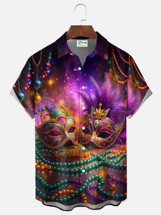 Royaura® Mardi Gras Carnival Holiday Themed Men's Button-Down Short-Sleeved Faux Hawaiian Shirt With Mask Print Big & Tall