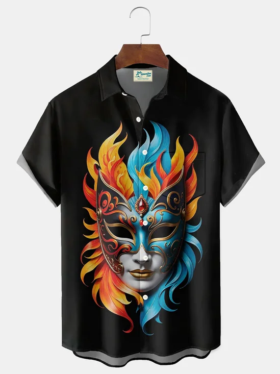Royaura® Mardi Gras Carnival Holiday Themed Men's Button-Down Short-Sleeved Faux Hawaiian Shirt With Mask Print Big & Tall