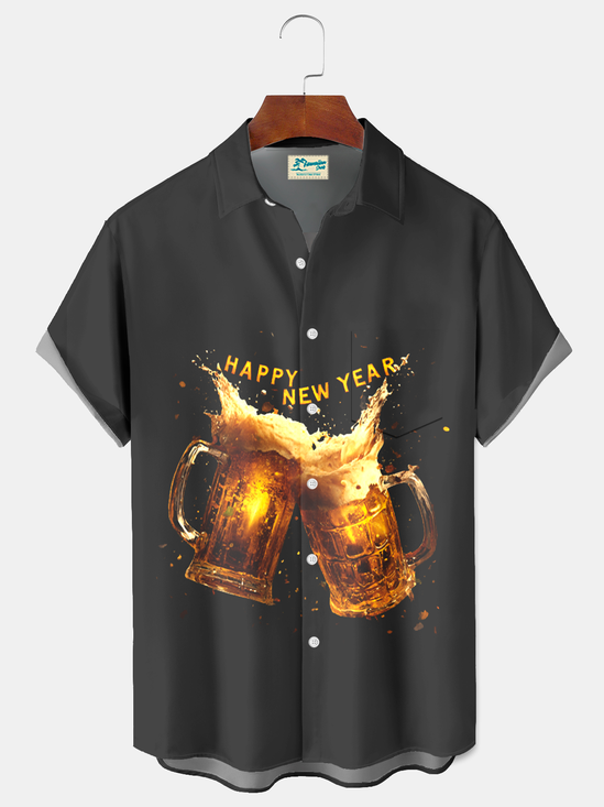 Royaura® Men's Happy New Year Cheers Beer Print Retro Short Sleeve Shirt Big & Tall