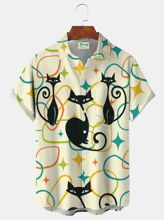 Royaura® Men's Vintage  Atom Black CatPrint Retro Short Sleeve Shirt Big & Tall