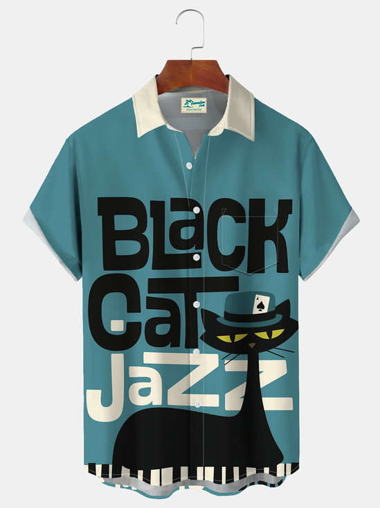 Royaura® Men's Vintage Atom Jazz  Black Cat Print Retro Short Sleeve Shirt Big & Tall