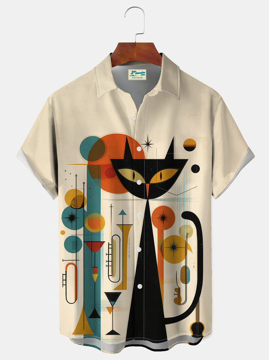 Royaura® Men's Vintage Atom Black CatPrint Retro Short Sleeve Shirt Big & Tall