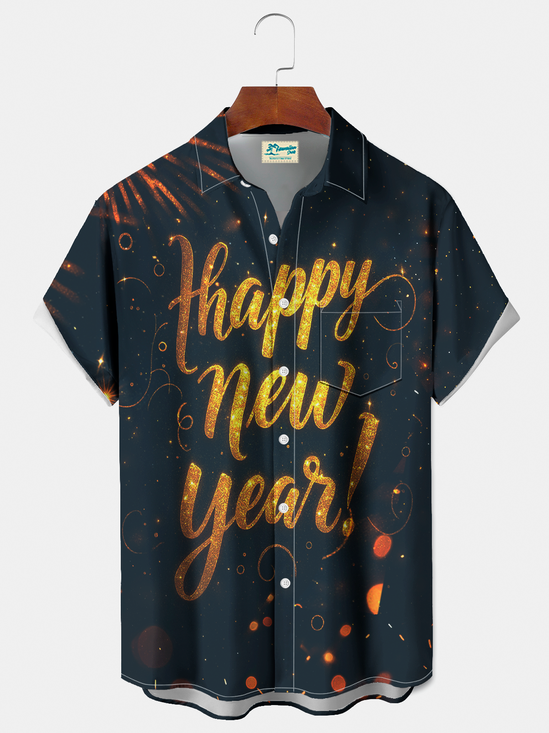 Royaura® Men's Happy New Year Shining Fireworks Print Retro Short Sleeve Shirt Big & Tall