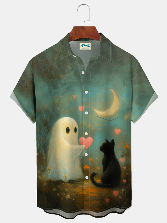 Royaura® Men's Valentine's Day Ghost kitty Love Oil Painting Print Retro Short Sleeve Shirt Big & Tall