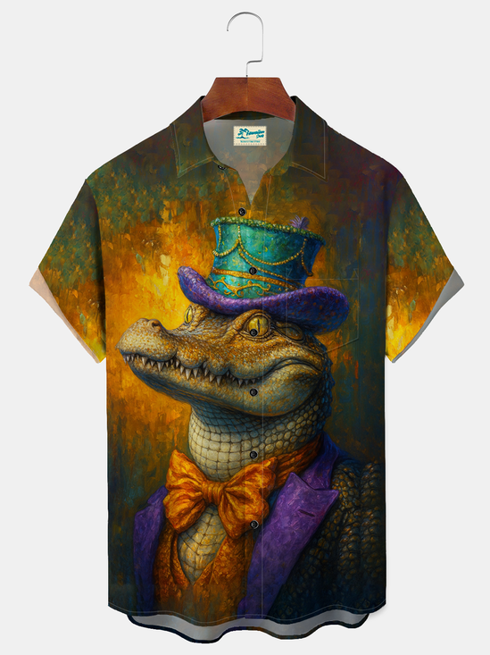 Royaura®  Men's Mardi Gras Gator Button Pocket Short-Sleeved Shirt Big & Tall