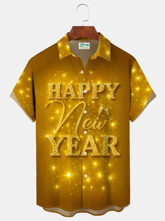 Royaura® Men's Happy New Year Mottled Golden Gradient Letter Celebrate Print Retro Short Sleeve Shirt Big & Tall