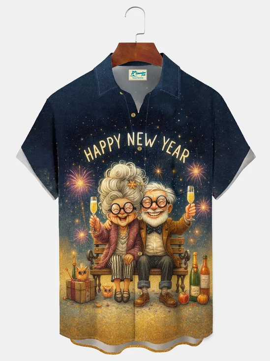 Royaura® Men's Happy New Year Funny Senior Couple Print Retro Short Sleeve Shirt Big & Tall