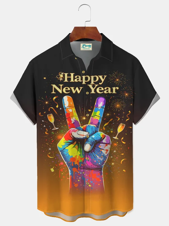 Royaura® Men's Happy New Year Gesture Yeah Print Retro Short Sleeve Shirt Big & Tall