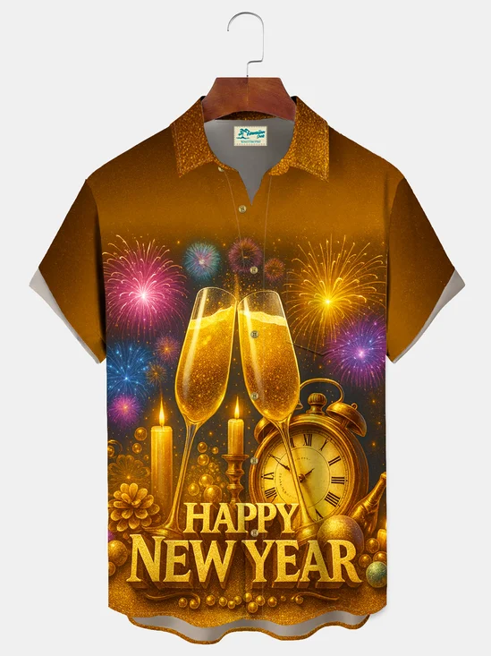 Royaura® Men's Happy New Year Champagne Fireworks Countdown Print Retro Short Sleeve Shirt Big & Tall