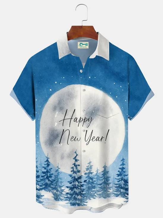 Royaura® Men's Happy New Year Watercolor  Snow Print Retro Short Sleeve Shirt Big & Tall