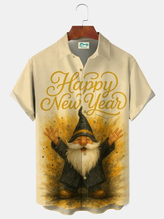 Royaura® Men's Happy New Year Funny Senior Couple Print Retro Short Sleeve Shirt Big & Tall