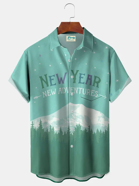 Royaura® Men's Happy New Year New Adventure Watercolor  Print Retro Short Sleeve Shirt Big & Tall