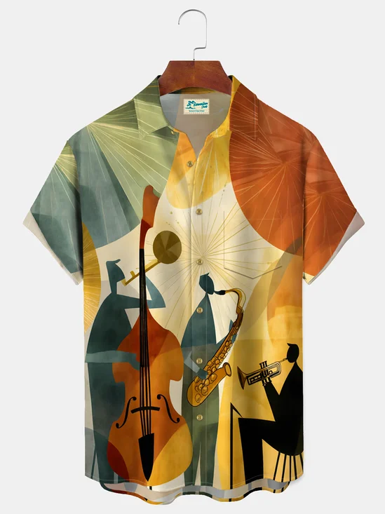 Royaura® Men's  Vintage Atom Jazz Print Retro Short Sleeve Shirt Big & Tall