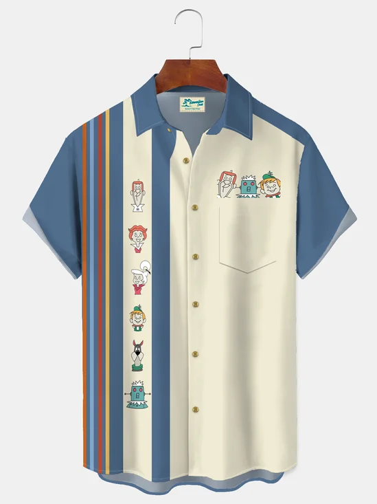 Royaura® Men's Vintage Happy Family Cartoon Line Color Matching Print Retro Short Sleeve Shirt Big & Tall